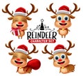 Reindeer characters vector set. Reindeer christmas animal character in different pose and gestures with red hat, sack and gift. Royalty Free Stock Photo