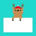 Reindeer, deer face holding white paper. Red Santa hat. Merry Christmas. Cute cartoon kawaii funny baby animal character. Xmas Royalty Free Stock Photo