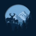 Reindeer, Deer in the forest with blue tone natural background, Paper layer art, vector illustration, digital craft design