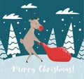 Reindeer drags santa gift bag scandinavian card. Christmas and New year character. Royalty Free Stock Photo