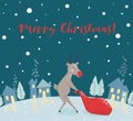 Reindeer drags santa gift bag scandinavian card. Christmas and New year character.