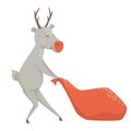 Reindeer drags santa gift bag scandinavian card. Christmas and New year character.