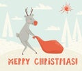 Reindeer drags santa gift bag scandinavian card. New year.