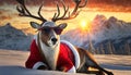 Reindeer Dressed as Santa Claus Resting in the Snow - Generative Ai Royalty Free Stock Photo