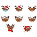 Reindeer face Christmas vector illustration set. Moving deer collection. Animals back, in profile and full face. Holiday icons Royalty Free Stock Photo