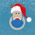 Reindeer with face mask and santa hat design vector illustration on a snowy background Royalty Free Stock Photo