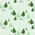 Reindeer in Fir Tree Forest Seamless Pattern