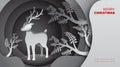 Reindeer in the forest, we wish you a Merry Christmas and Happy New Year, Paper art design, Advertising with winter composition in Royalty Free Stock Photo