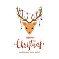 Reindeer Head with Christmas Lights on the Antlers Royalty Free Stock Photo