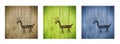 Reindeer made from sticks on wooden background.Triptych in brown, green and blue.