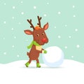 Reindeer making a snowman Royalty Free Stock Photo