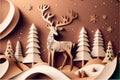 Reindeer papercut Christmas background with a ribbon. Generative AI