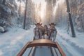 Reindeer pulling a sleigh through a snow covered winter forest. Generative ai