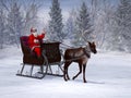 Reindeer pulling a sleigh with waving Santa Claus. Royalty Free Stock Photo