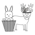 Reindeer and rabbit with feathers hat and basket bohemian style