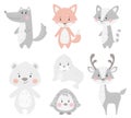 Reindeer, raccoon, seal, wolf, penguin, bear, fox baby winter set. Cute animal illustration Royalty Free Stock Photo