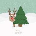 Reindeer red nose behind tree snowy background