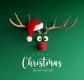 Reindeer with red nose and Santa hat on green Christmas background Royalty Free Stock Photo