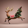 a reindeer running while carrying christmas ornaments on its back and walking