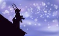 Reindeer Santa Claus Artwork background Happy Christmas, Young fawn is a black silhouette sitting on chimney, enjoyed night snowfa