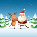 Reindeer and Santa Claus celebrate Christmas holidays - cute and happy vector illustration on winter landscape Royalty Free Stock Photo