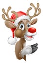 Reindeer in Santa Hat Pointing from Behind Sign Royalty Free Stock Photo