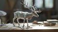 Reindeer sculpture beside desk. hyper detail extrem. Generative AI