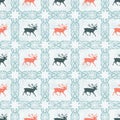 Reindeer silhouette quilt pattern with ornate checked floral square. Nordic Scandinavian folk art. Vector