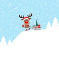 Reindeer With Ski And Sleigh On Mountain Snow Blue