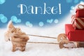 Reindeer, Sled, Light Blue Background, Danke Means Thank You