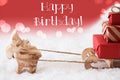 Reindeer With Sled, Red Background, Text Happy Birthday Royalty Free Stock Photo