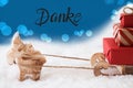 Reindeer, Sled, Snow, Blue Background, Danke Means Thank You