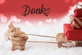 Reindeer, Sled, Snow, Red Background, Danke Means Thank You