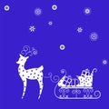 Reindeer sleigh with gifts on a blue background