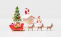 Reindeer sleigh with santa claus,house, gift box,christmas tree isolated on white background.website or poster or Happiness cards, Royalty Free Stock Photo