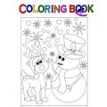 Coloring Page. Reindeer and Snowman scene. Black and White vector for coloring books.