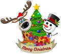 Reindeer snowman wishing merry christmas decorated xmas tree