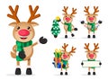 Reindeer vector characters set. Rudolph cartoon characters holding christmas elements Royalty Free Stock Photo