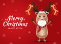 Reindeer wearing mask with Merry Christmas and Happy New Year
