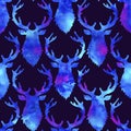 Reindeer XMAS watercolor Deer Stag eamless Pattern in Blue Color. Hand Painted Animal Moose background or wallpaper for