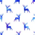 Reindeer XMAS watercolor Deer Stag eamless Pattern in Blue Color. Hand Painted Animal Moose background or wallpaper for