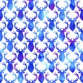 Reindeer XMAS watercolor Deer Stag eamless Pattern in Blue Color. Hand Painted Animal Moose background or wallpaper for