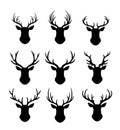 Reindeers with antlers silhouette flat vector illustrations set. Deers head with horns isolated on white background Royalty Free Stock Photo