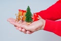 Reindeers and Gift Boxes under a Tiny Christmas Tree in Hands