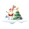 Reinder on Santa Claus back put the star on Christmas tree. Illustration isolated on transparent background