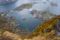 Reine, Lofoten, Norway. Arieal view of the small fishing village know from commercial fishing and dried air-dried cod Royalty Free Stock Photo