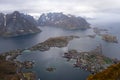 Reine, Lofoten, Norway. Arieal view of the small fishing village know from commercial fishing and dried air-dried cod Royalty Free Stock Photo