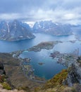 Reine, Lofoten, Norway. Arieal view of the small fishing village know from commercial fishing and dried air-dried cod Royalty Free Stock Photo