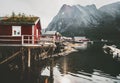 Reine village in Norway popular traditional rorbu red wooden houses at sea