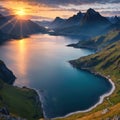 Reinebringen Reine Norway fjord landscape in a beautiful light behind mountains made with Generative AI